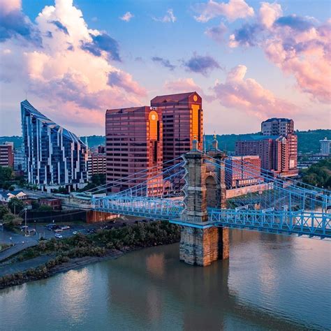 Beautiful View Of Nky With The Roebling Suspension Bridge That Connects