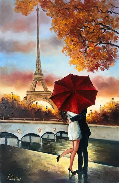 Paris Romance Wall Art Red Umbrella Eiffel Tower Original Oil Painting