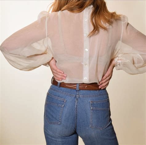 1940s Authentic Vintage Ivory Victorian Style Sheer Ruffle Collar Long Sleeve Dainty Blouse