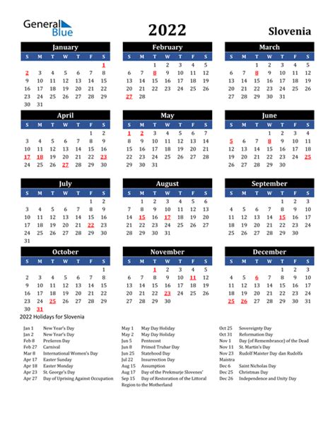 2022 Calendar Slovenia With Holidays