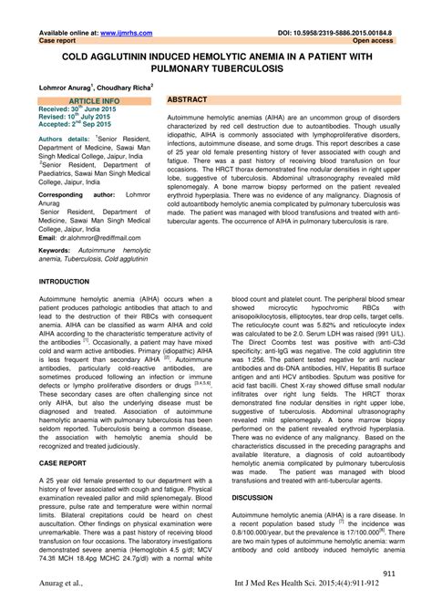 Pdf Cold Agglutinin Induced Hemolytic Anemia In A