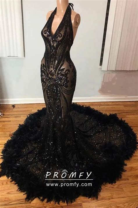 Black Sequin Feather Sheer Trumpet Long Prom Dress Promfy