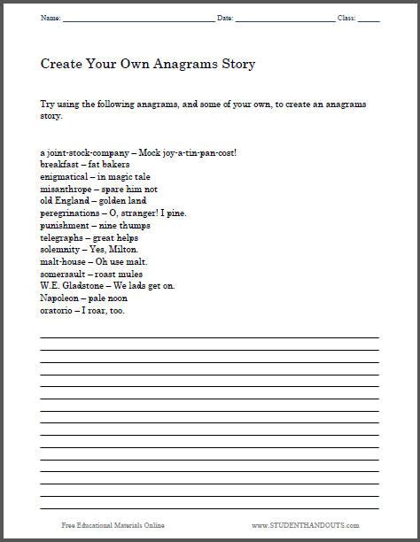 The worksheet is an assortment of 4 intriguing pursuits that will enhance your kid's knowledge and abilities. Create an Anagrams Story - Worksheet | Student Handouts