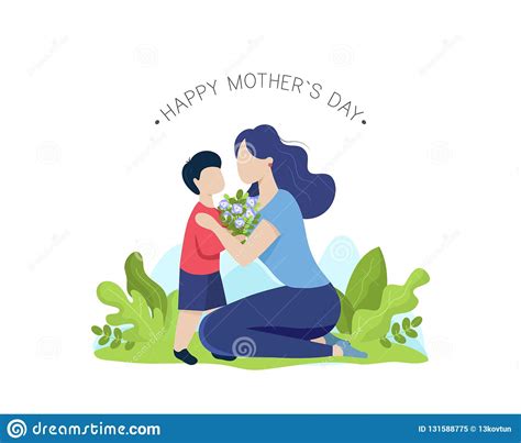 Mother And Son With Flower Bouquet Happy Mothers Day Greeting Card