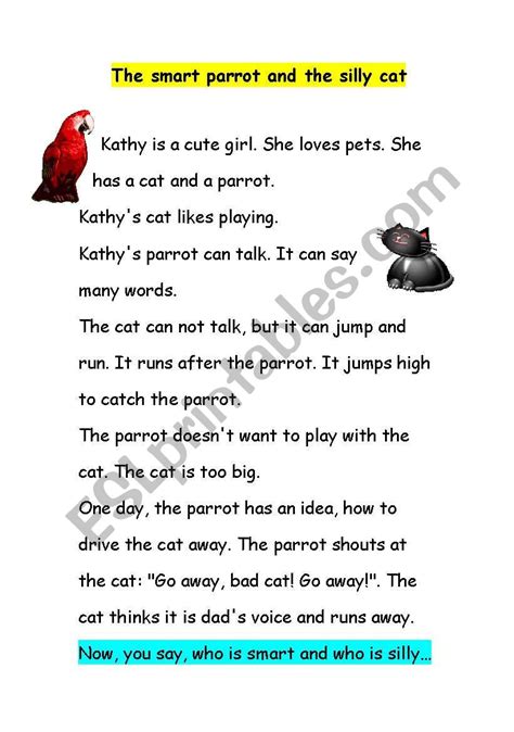 The Smart Parrot And The Silly Cat Esl Worksheet By Chud