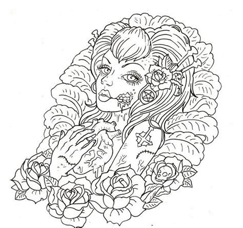 Black Outline Zombie Girl With A Human Heart And Roses Tattoo Design