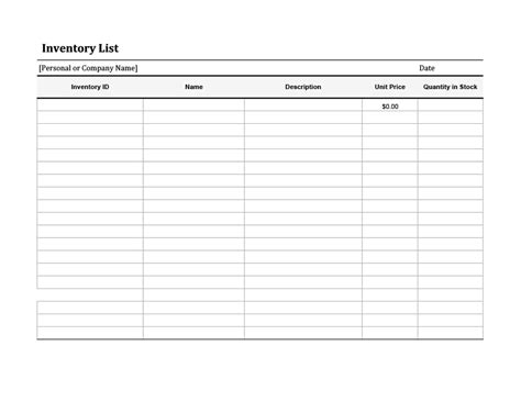 Inventory Price List Template