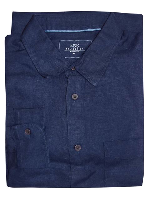 Marks And Spencer Mand5 Navy Mens Pure Linen Shirt With Pocket Size