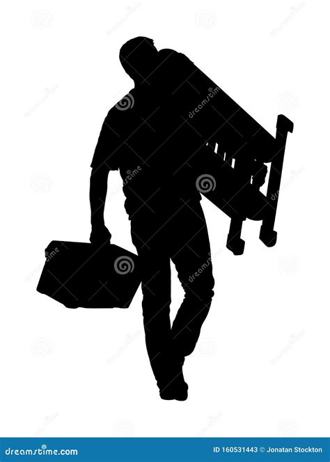 Repairman With Ladders In Hand Vector Silhouette Isolated On White