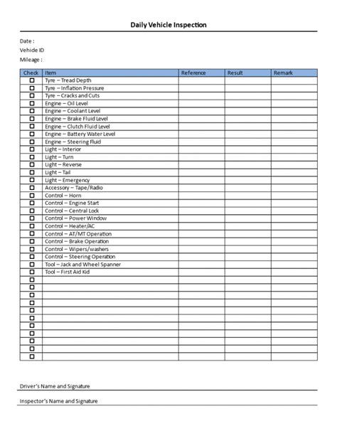 Daily Vehicle Maintenance Checklist Template