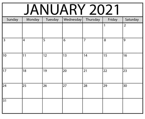 Also, it is the first of 7 months to have a length of 31 days. January 2021 Calendar Printable PDF - Printable Calendar