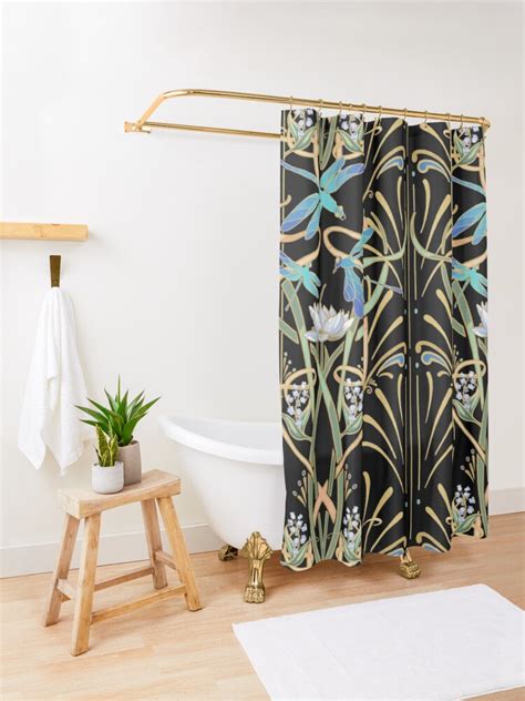 Art Nouveau Dragonflies Pattern Black Shower Curtain For Sale By L