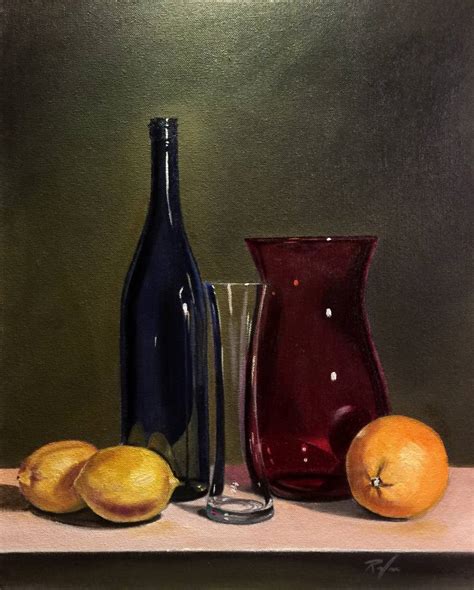 Still Life With Blue Bottle Red Vase Clear Vase And Fruit Painting By