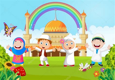 Cartoon Happy Kid Muslim With Rainbow Stock Vector Image By ©tigatelu