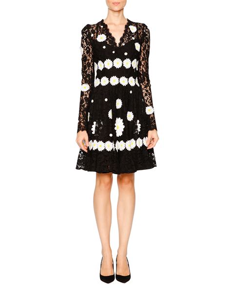 Dolce And Gabbana Daisy Embroidered Long Sleeve Lace Dress Black