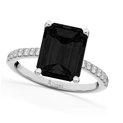 Emerald Cut Black Diamond And Diamond Engagement Ring 14k White Gold 2
