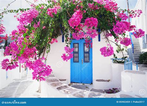 Traditional Greek House With Flowers In Paros Island Greece Stock