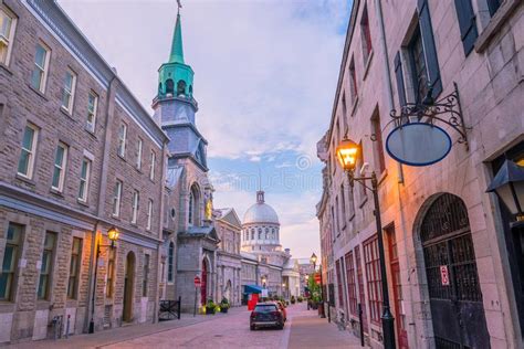 Old Town Montreal At Famous Cobbled Streets At Twilight Stock Photo