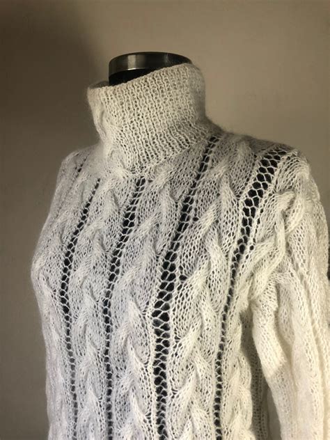 White Mohair Wool Sweater Hand Knit Womens Sweater Cable Etsy Uk