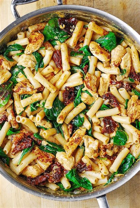 Chicken and bacon in a creamy sauce with veg. Asiago Chicken Pasta with Sun-Dried Tomatoes and Spinach ...