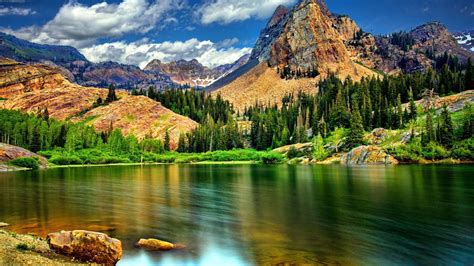 Landscape Nature Rocky Mountains With Jagged Peaks Pine