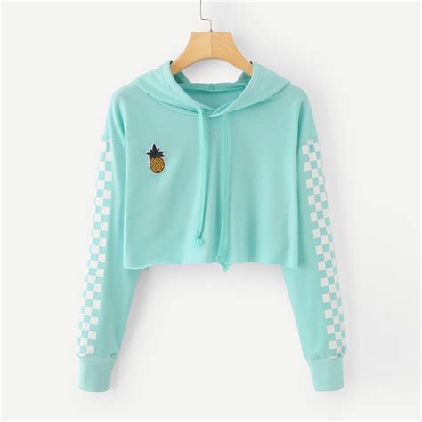 Angie Pineapple Checkered Crop Top Hoodie Sweater In Mint