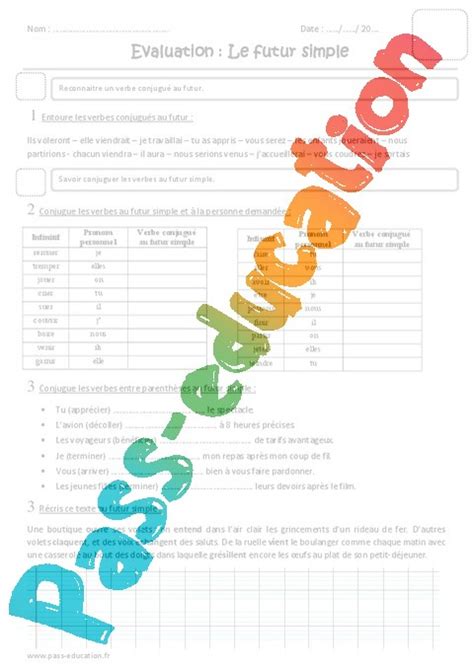 Conjugaison des verbes au passé simple. Futur simple - Cm1 - Evaluation - Pass Education