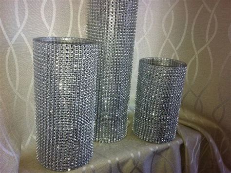 Set Of 3 Fully Covered Silver Rhinestone Wrap Glass Cylinder Vases Wedding Or Special Event