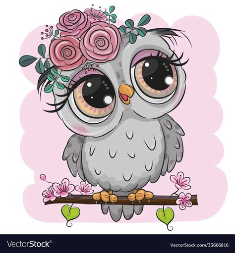 Cute Cartoon Owl With Flowers Is Sitting On A Branch Download A Free