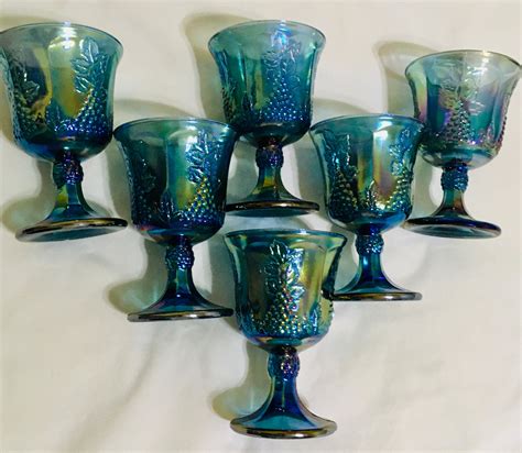 Indiana Glass Blue Carnival Iridescent Luster Harvest Grape Goblets Set