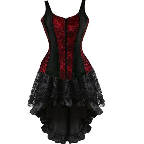 Womens Overbust Gothic Corset Dress Sexy Zipper Straps Bustle Corset With Skirt Victorian