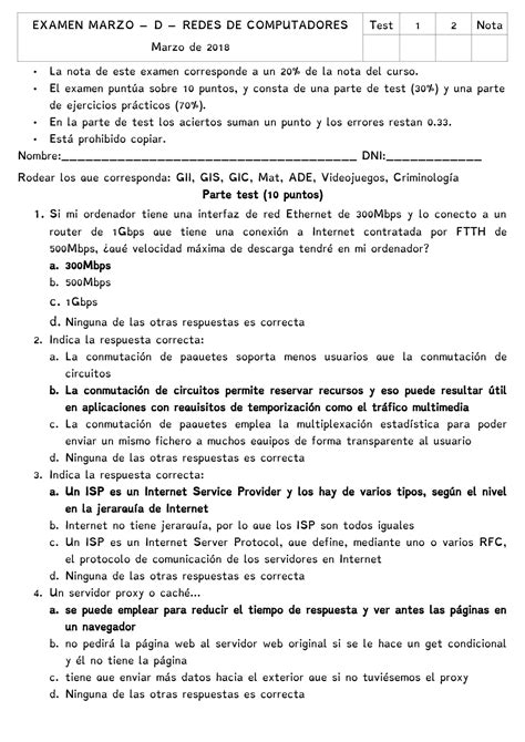 Examen Marzo Preguntas Y Respuestas Examen Marzo D Redes De Computadores Test