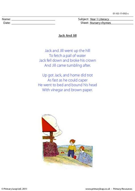 Literacy Nursery Rhyme Jack And Jill Worksheet Uk