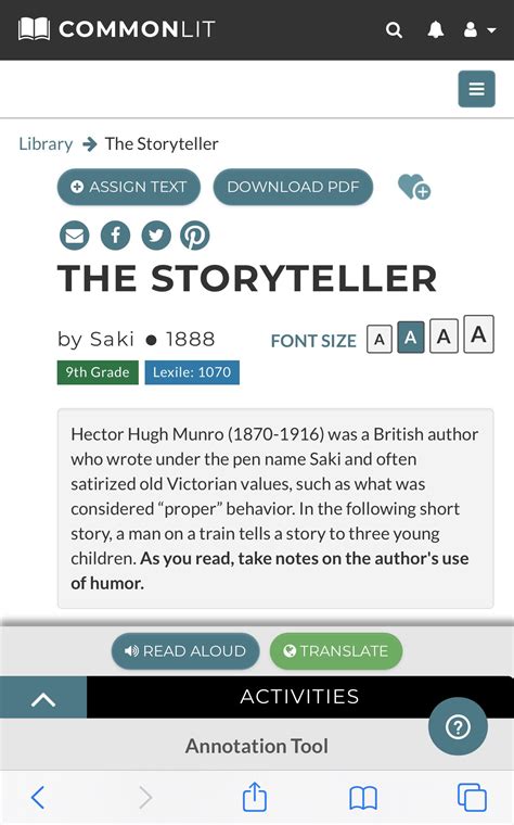 Post reading test/quiz for saki's the storyteller. includes 3 vocabulary questions, 15 multiple choice questions, 2 short answer, and 1 . The Storyteller Commonlit Answers / The Storyteller ...