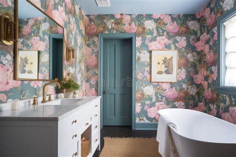 Floral Wallpaper In A Modern Bathroom Stock Image Image Of Wallpaper