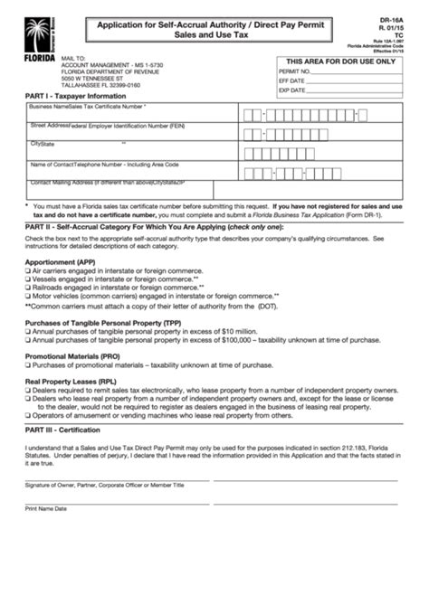 Form Dr 16a Application For Self Accrual Authority Direct Pay