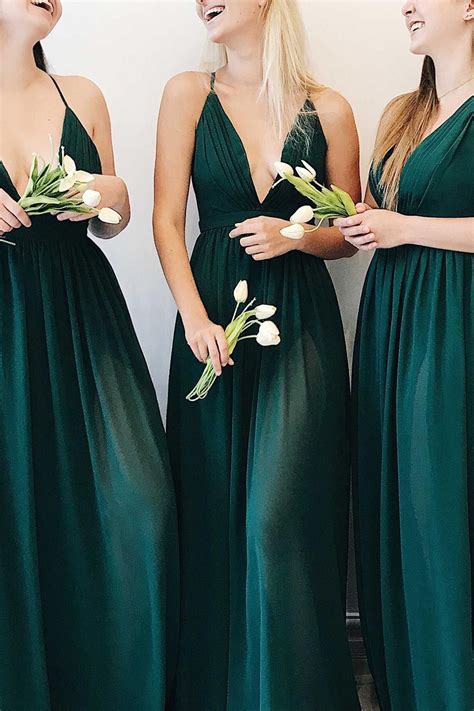 A Line Floor Length Dark Green Bridesmaid Dresses With Plunging Neck And Straps ♡ Fabric