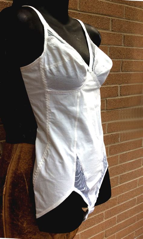 Vintage Playtex Corselette Girdle Bodysuit 34b Corset White Cotton 80s Lace Mesh Peek A Boo