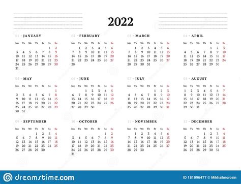 Calendar Template For 2022 Year Stationery Design Week Starts On