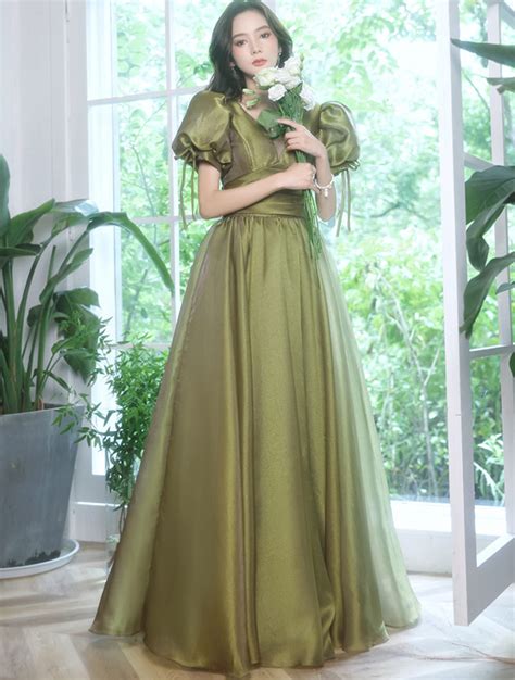 Fashion Green Satin Prom Party Dress With Short Puff Sleeves Florashe