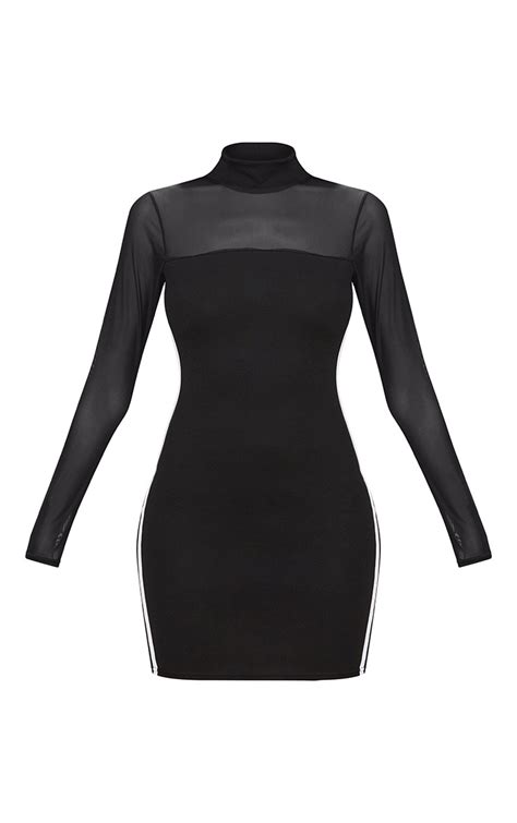 Black High Neck Mesh Panelled Bodycon Dress Prettylittlething Aus