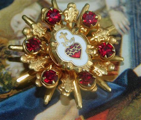 Catholic Sacred Heart Pin With Enamel Shield Fleur De Lis Red