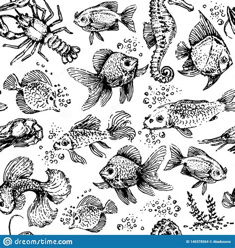 Seamless Sea Animals Pattern Fish And Lobster Vector Illustration