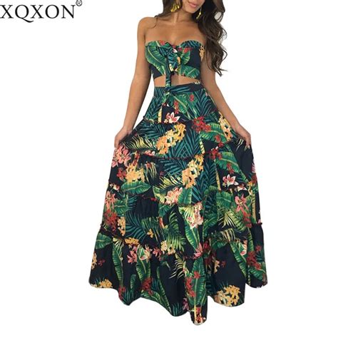 boho new sexy women two piece set crop top long skirt floral printed bandeau strapless bandage
