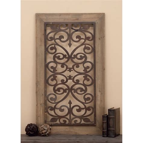 26 X 46 Distressed Wood And Brown Metal Wall Art Panel W Scroll Design