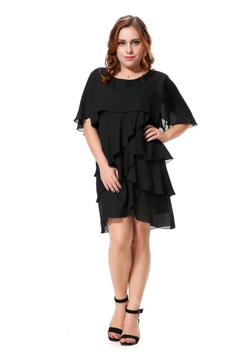 Plus Size Chiffon Dress With Cascading Ruffle Casual Batwing Sleeve Loose Midi Dress With Black