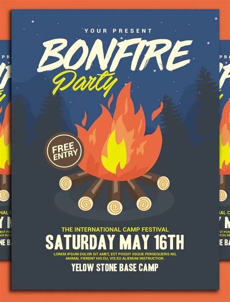 Bonfire Party Flyer Template With Fire And Campfires On The Front In