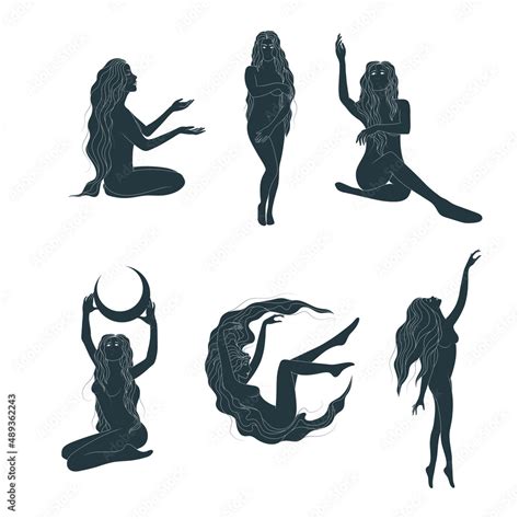 Celestial Naked Female Silhouettes In Different Poses Collection Of Women Line Art Style