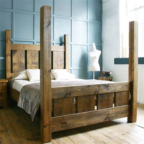 Handmade Solid Wood Rustic Chunky Slatted Four Poster Double Kingsize Bed Frame Rustic Bed