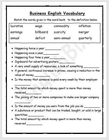 Business English Vocabulary Worksheet EnglishBix